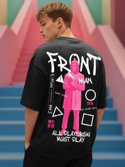 Bewakoof - Official Squid Game Men's Jet Black Front Man Graphic Printed Oversized T-shirt