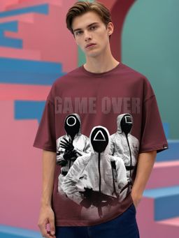 Bewakoof - Official Squid Game Men's Maroon Game Over Graphic Printed Oversized T-shirt