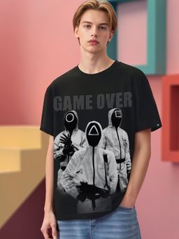 Bewakoof - Official Squid Game Merchandise Men's Black Game Over Graphic Printed Oversized T-shirt