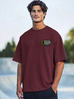 Bewakoof - Men's Maroon Sarcasm Society Typography Oversized T-shirt