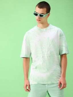 Bewakoof - Men's White & Green Tie & Dye Oversized T-shirt