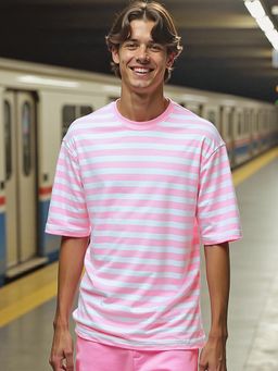 Bewakoof - Men's Pink Striped Oversized T-shirt