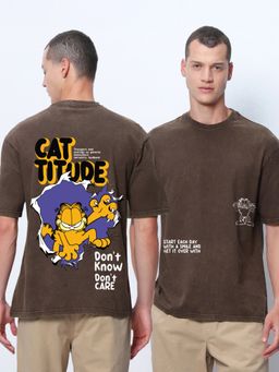 Bewakoof - Official Garfield Men's Brown Don't Care Graphic Printed Oversized Acid Wash T-shirt