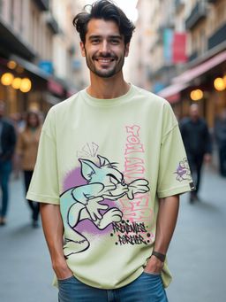 Bewakoof - Official Tom And Jerry Men's Green Graphic Printed Oversized T-shirt