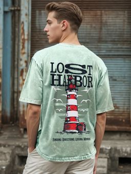Bewakoof - Mens Granite Green Lost Harbor Graphic Printed Oversized Acid Wash T-Shirt
