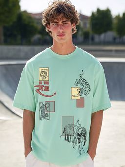Bewakoof - Mens Iceberg Green Nawaab Graphic Printed Oversized T-Shirt