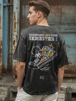 Bewakoof - Mens Black Late Club Graphic Printed Oversized Acid Wash T-Shirt