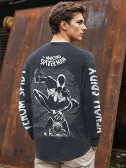 Bewakoof - Marvel Spider-Man Mens Black Graphic Printed Oversized Acid Wash T-shirt