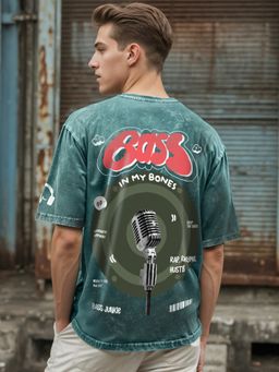 Bewakoof - Men Dark Sea Green Graphic Printed Oversized Acid Wash T-Shirt