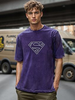 Bewakoof - Official DC Men's Blue Superman Fade Graphic Printed Oversized Acid Wash T-shirt