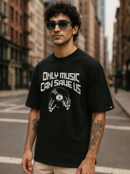 Bewakoof - Men's Jet Black Only Music Graphic Printed Oversized T-shirt