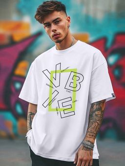 Bewakoof - Men's White Vibe Typography Oversized T-shirt