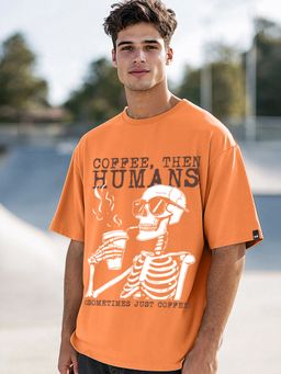 Bewakoof - Men's Caramel Orange Coffee Then Humans Graphic Printed Oversized T-shirt
