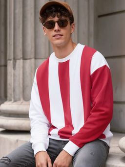 Bewakoof - Men's Bright White & Red Color Block Oversized Sweatshirt