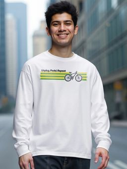 Bewakoof - Men White Unplug Pedal Repeat Graphic Printed Oversized T-Shirt