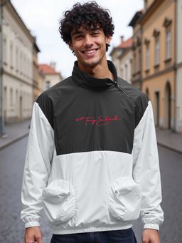 Bewakoof - Air 1.0 Marvel Men's White & Black Tony Stark Typography Oversized Windcheater Jacket