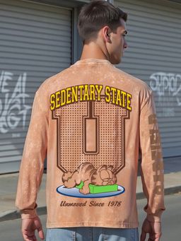 Bewakoof - Garfield Men's Caramel Orange Graphic Printed Oversized Acid Wash T-Shirt