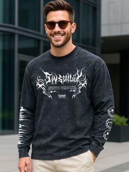 Bewakoof - Official S.W.Smiley Men Black Graphic Printed Oversized Acid Wash T-Shirt