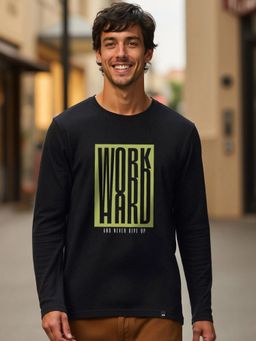 Bewakoof - Men's Black Work Hard Graphic Printed T-shirt