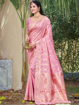 Sangam Prints - Pink Silk Woven Work Festival Saree with Unstitched Blouse