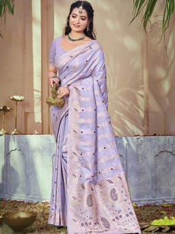 Sangam Prints - Purple Silk Woven Work Festival Saree with Unstitched Blouse