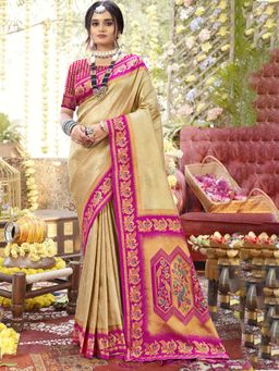Sangam Prints - Beige Silk Woven Work Festival Saree with Unstitched Blouse