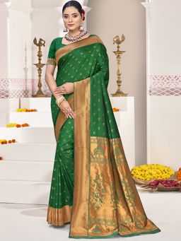 Sangam Prints - Dark Green Silk Woven Work Festival Saree with Unstitched Blouse