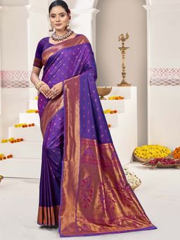Sangam Prints - Purple Silk Woven Work Festival Saree with Unstitched Blouse