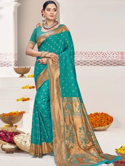 Sangam Prints - Teal Blue Silk Woven Work Festival Saree with Unstitched Blouse