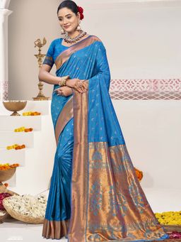 Sangam Prints - Sky Blue Silk Woven Work Festival Saree with Unstitched Blouse