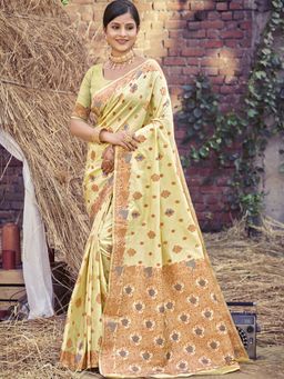 Sangam Prints - Light Yellow Silk Woven Work Festival Saree with Unstitched Blouse