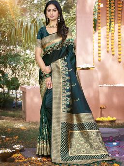 Sangam Prints - Rama Green Silk Woven Work Festival Saree with Unstitched Blouse