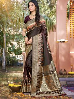 Sangam Prints - Brown Silk Woven Work Festival Saree with Unstitched Blouse