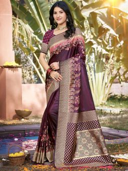 Sangam Prints - Wine Silk Woven Work Festival Saree with Unstitched Blouse