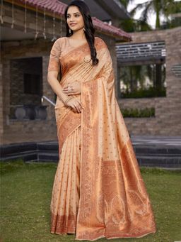 Sangam Prints - Peach Silk Woven Work Festival Saree with Unstitched Blouse