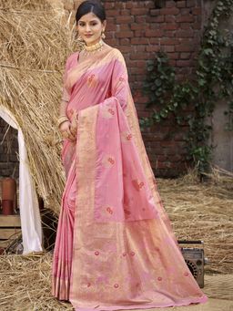 Sangam Prints - Pink Silk Woven Work Festival Saree with Unstitched Blouse