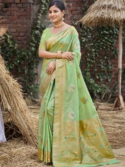 Sangam Prints - Pista Green Silk Woven Work Festival Saree with Unstitched Blouse