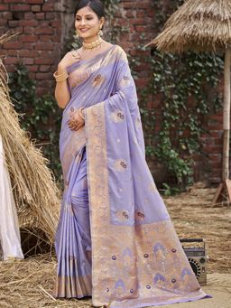 Sangam Prints - Purple Silk Woven Work Festival Saree with Unstitched Blouse