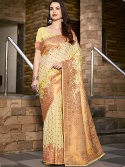 Sangam Prints - Yellow Silk Woven Work Festival Saree with Unstitched Blouse