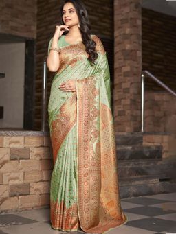 Sangam Prints - Pista Green Silk Woven Work Festival Saree with Unstitched Blouse