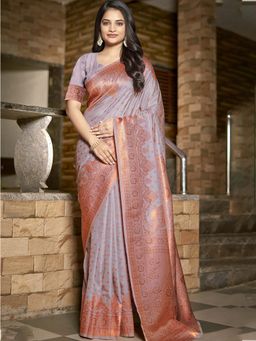 Sangam Prints - Grey Silk Woven Work Festival Saree with Unstitched Blouse