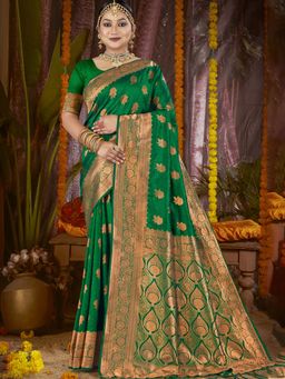 Sangam Prints - Dark Green Silk Woven Work Festival Saree with Unstitched Blouse