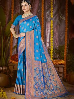 Sangam Prints - Blue Silk Woven Work Festival Saree with Unstitched Blouse