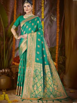 Sangam Prints - Teal Green Silk Woven Work Festival Saree with Unstitched Blouse
