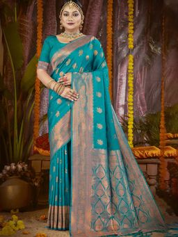 Sangam Prints - Teal Blue Silk Woven Work Festival Saree with Unstitched Blouse
