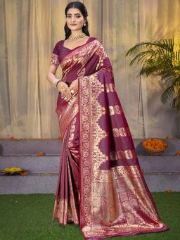 Sangam Prints - Wine Silk Woven Work Festival Saree with Unstitched Blouse