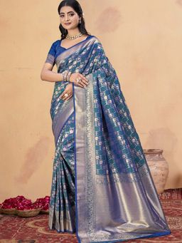 Sangam Prints - Blue Silk Woven Work Festival Saree with Unstitched Blouse