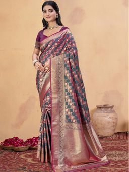 Sangam Prints - Wine Silk Woven Work Festival Saree with Unstitched Blouse