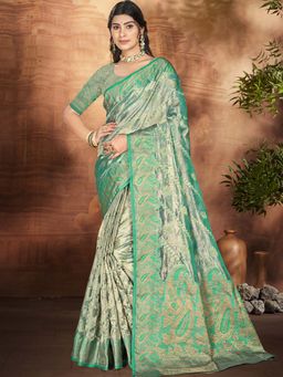 Sangam Prints - Dark Green Organza Woven Work Festival Saree with Unstitched Blouse