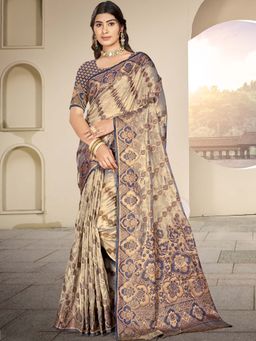 Sangam Prints - Navy Blue Organza Woven Work Festival Saree with Unstitched Blouse